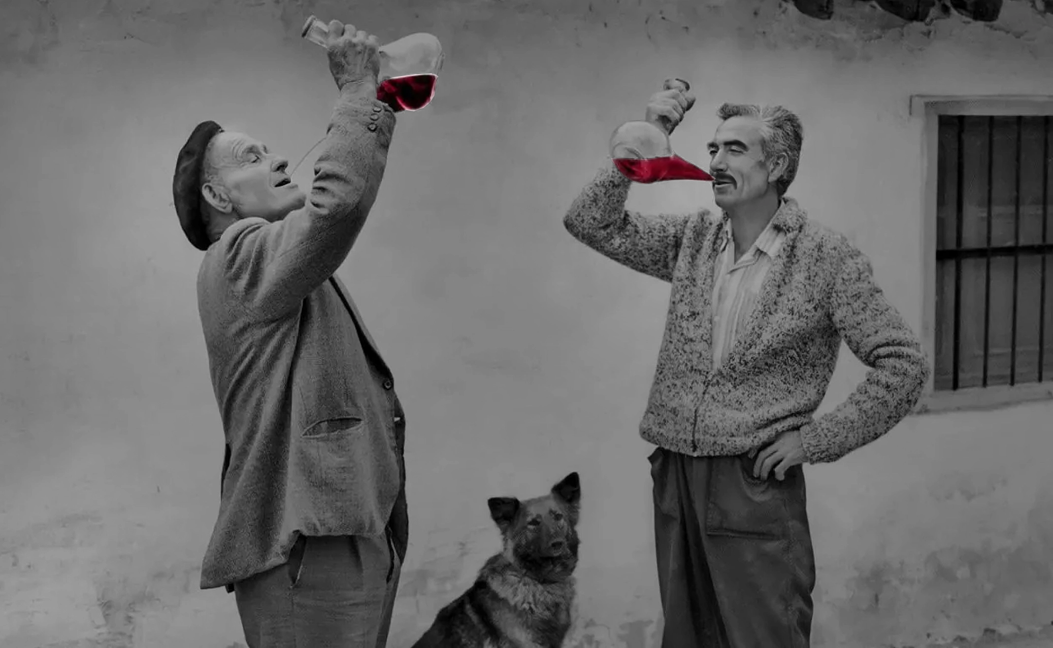 Two men drinking Rioja wine from a 'porrón' (characteristic glass recipient).