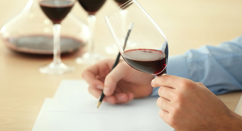 Sommelier estimating red wine in wineglass at tasting